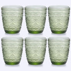 6Pcs Green Drinking Glassware, 10oz Drinking Glasses, Heavy Duty Glass Cups, Colored Embossed Glasses Set for Party Wedding Home Office Glassesware Gift
