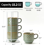 JIEMEI HOME Large Ceramic Coffee Mug Set of 4 with Stand, 15 Oz Stackable Embossment Ribbed Latte Cup Set for Cappuccino, Latte, Tea, Hot Cocoa, Drinks - Dishwasher & Microwave Safe, Vintage Turquoise