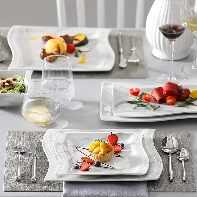 MALACASA Square Dinnerware Sets, 26-Piece Marble Grey Plates and Bowls Sets, Porcelain Dinner Set Microwave Safe, Kitchen Dinnerware Plates Set, Dishes and Bowls, Dish Set for 6, Series Flora