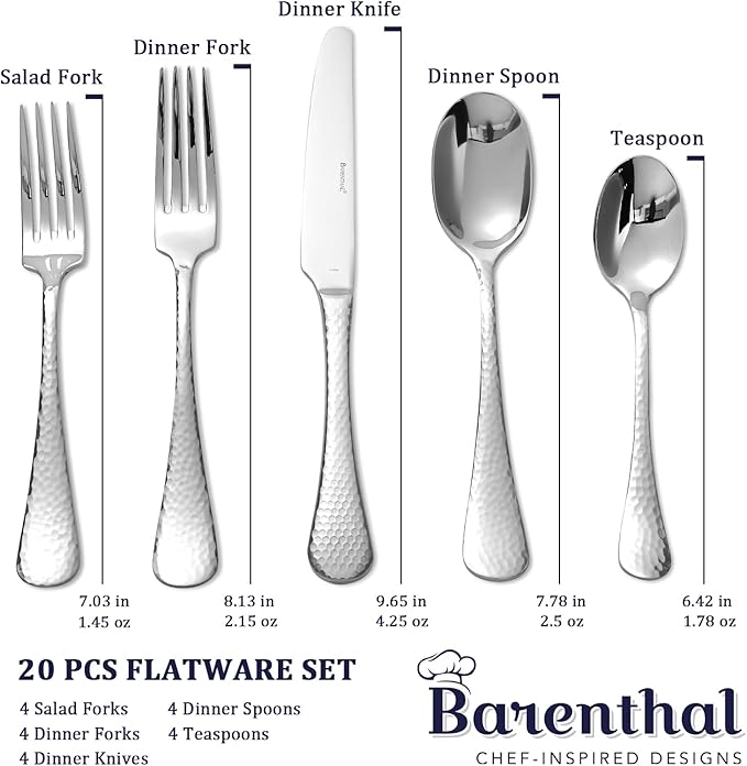 Flatware Set for 4, Barenthal Heavy Duty Silverware Set 20 Piece, Mirror Finish, Dishwasher Safe, Hammered Premium 18/10 Stainless Steel Cutlery Set for Home Restaurant Wedding Party, Gift