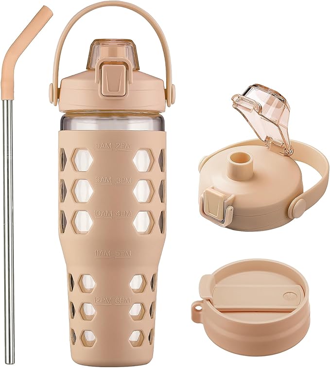 MUKOKO 32 oz Glass Tumbler with Straw,Glass Water Bottles with Time Marker,Iced Coffee Cup with 2 Lids-Handle Spout Lid&Straw Lid,Silicone Sleeve,Leakproof,1 Pack-Amber