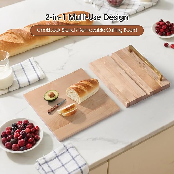 Cookbook Stand with Removable Cutting Board – Adjustable Recipe Book Holder, Charcuterie Board & Kitchen Serving Tray, Kitchen Counte Decor/Maple Wood