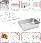 15 Inch Stainless Steel Roasting Pan with Cooling Rack - Turkey, Chicken, Ham Roaster with V-Shaped Baking Rack by Kendane