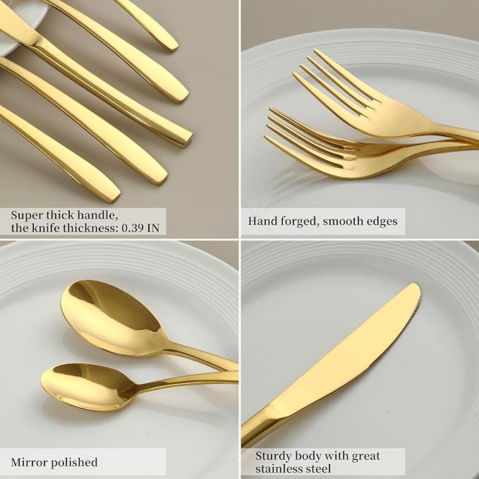 Gold 20 Piece Silverware Set,Stainless Steel Flatware Set for 4,18/0 Rust-Proof Cutlery Set with Forks & Spoons,Mirror Polished Dishwasher Safe - Heavy Duty Tableware for Home & Dining