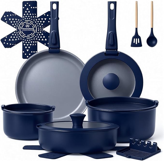 Ammeloo 18-Piece Ceramic Pots and Pans Set Non Stick, Non Toxic Cookware Set with Removable Handles, Pot Sets for Cooking, Induction Ready, Dishwasher & Oven Safe, PFAS PFOA & PTFE Free Navy Blue