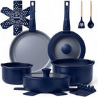 Ammeloo 18-Piece Ceramic Pots and Pans Set Non Stick, Non Toxic Cookware Set with Removable Handles, Pot Sets for Cooking, Induction Ready, Dishwasher & Oven Safe, PFAS PFOA & PTFE Free Navy Blue