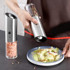 Vzaahu Gravity Electric Pepper and Salt Grinder Set of 2 - Rechargeable, Refillable, Adjustable Coarseness, Stainless Steel Seasalt Peppermill with LED light - One Hand Operation (Sliver)