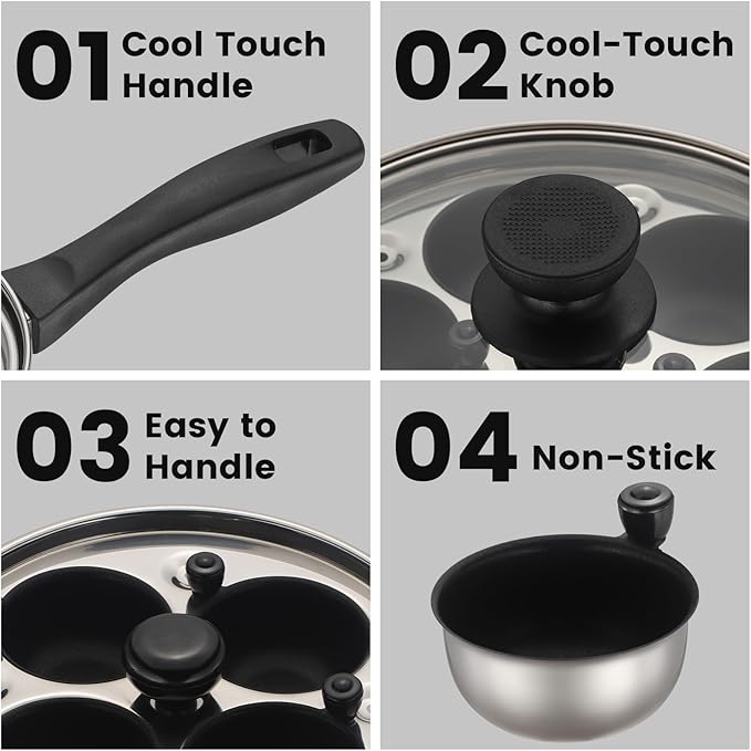 MARSKITOP Egg Poacher Pan Nonstick 4 Eggs, Poached Egg Pan Stainless Steel Poached Egg Cooker, Egg Poaching Pan PFOA Free, Poached Egg Maker with Nonstick Poached Egg Cups