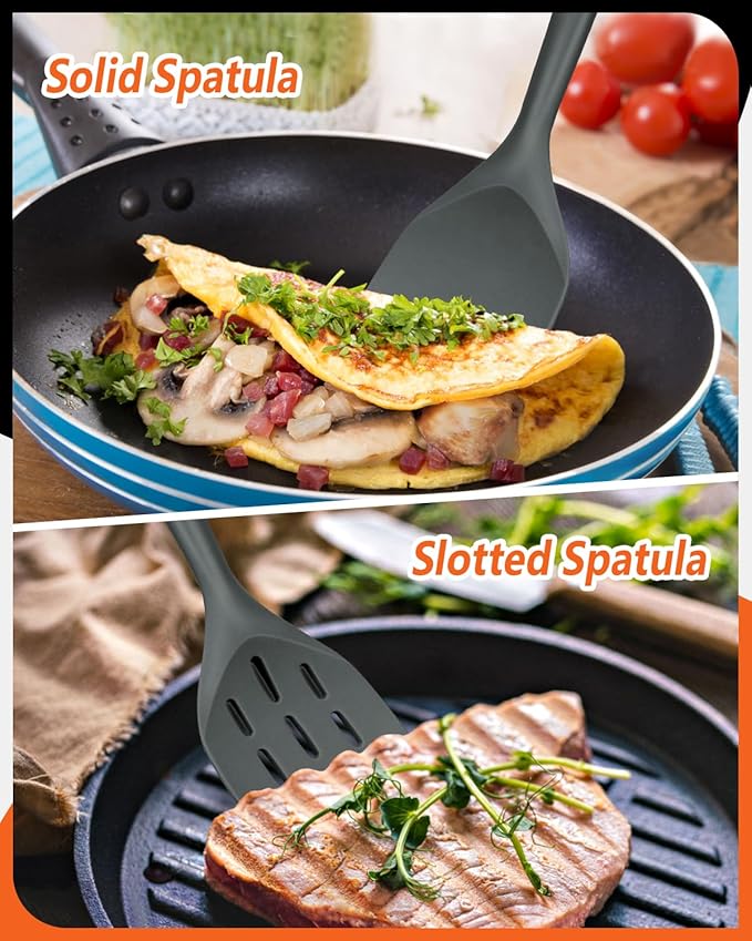 Pack of 2 Silicone Spatula, Non Stick Cooking Utensil Set Wooden Handle Kitchen Turner for Baking Mixing Grilling Serving Food Heat Resistant Non Scratch Hooks Included (Grey)