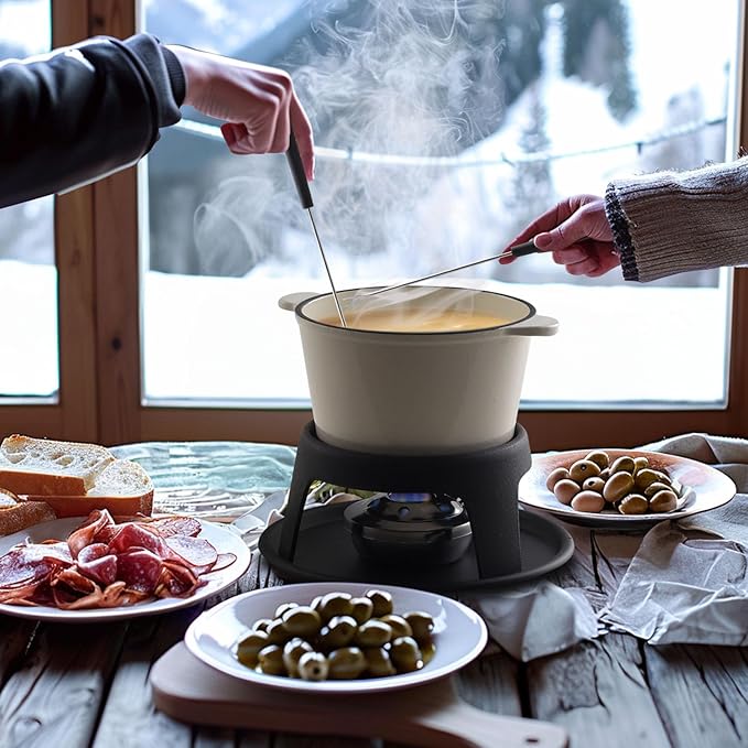 Artestia Cast Iron Fondue Pot Set for Chocolate Cheese Swiss Fondue Set for Meat with 6 Fondue Forks, Cheese Camping Fondue Set Serve 6 Persons(White)