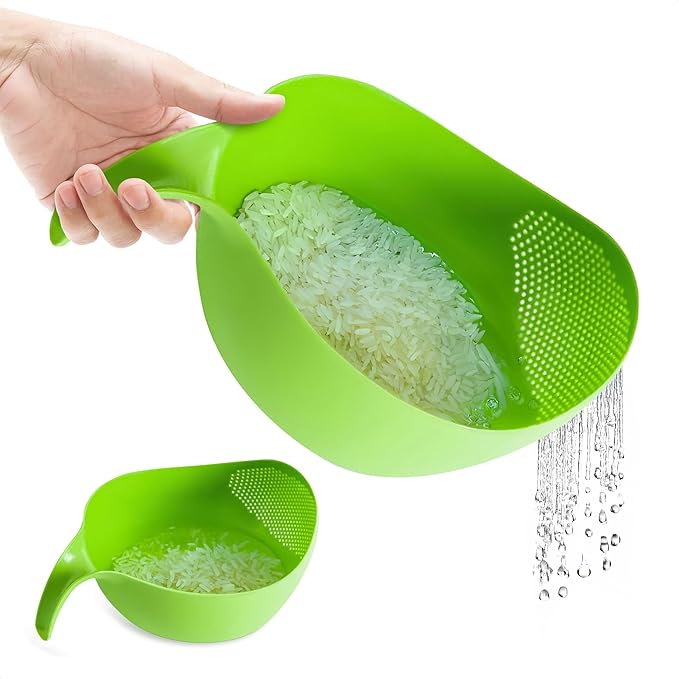 Rice Strainer with Handle - Lightweight Rice Washer Strainer Bowl with Smart Design for Easy Water Draining, Easy to Use & Clean ABS Plastic Colander with Handle for Cereals, Pasta, Vegetables, Fruits