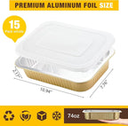 Aluminum Foil Pan with Lids,Heavy Duty Aluminum Pan, Disposable Aluminum Pans,Gold Foil Pans, Deep Container for Heating, Baking, Cooking,BBQs,Parties,Storing,Catering(74.4oz 15 Pack w/Lids)