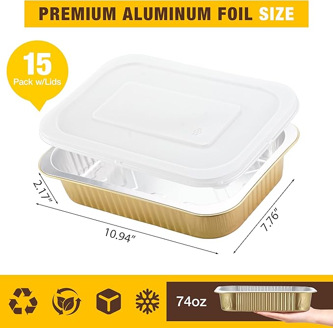 Aluminum Foil Pan with Lids,Heavy Duty Aluminum Pan, Disposable Aluminum Pans,Gold Foil Pans, Deep Container for Heating, Baking, Cooking,BBQs,Parties,Storing,Catering(74.4oz 15 Pack w/Lids)
