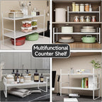 16.5-27’’L Expandable Kitchen Shelf Organizer, Stackable Shelves Organizer, Adjustable Height Pantry Spice Rack for Cabinet, Countertop, Pantry and Cupboard, White