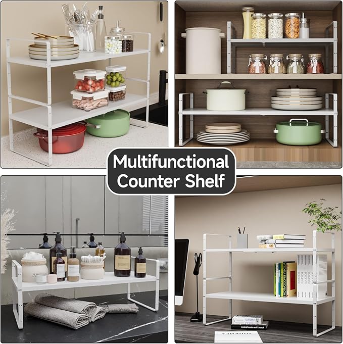 2Pack 16.5-27’’L Expandable Kitchen Shelf Organizer, Stackable Shelves Organizer, Adjustable Height Pantry Spice Rack for Cabinet, Countertop, Pantry and Cupboard, White