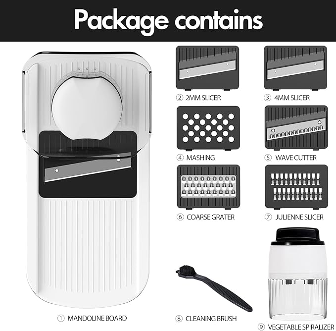 Cambom Mandoline Slicer Vegetable Slicer Spiralizer With 2 L Container for Potatoes, Tomatoes, Cucumbers, Carrots With 6 Blades White