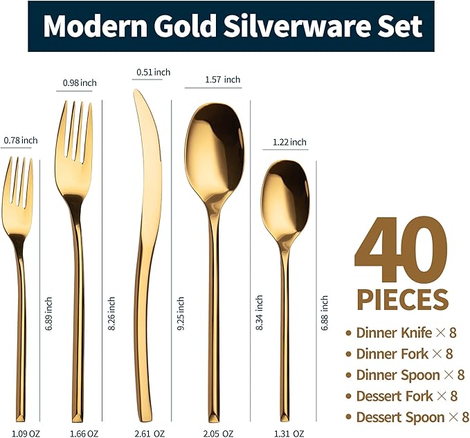 Lemeya 40-Piece Gold Silverware Set for 8,Modern 18/10 Stainless Steel Flatware Set,Luxury Cutlery Set,Unique Utensils Set for Restaurant,Spoons and Forks Set,Mirror Polished,Dishwasher Safe