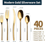 Lemeya 40-Piece Gold Silverware Set for 8,Modern 18/10 Stainless Steel Flatware Set,Luxury Cutlery Set,Unique Utensils Set for Restaurant,Spoons and Forks Set,Mirror Polished,Dishwasher Safe