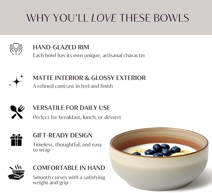 Ceramic Cereal Bowls Set of 4, 21 oz Stoneware Bowls for Soup, Salad, Dessert or Ice Cream - Stackable, Dishwasher & Microwave Safe, Small Rustic Bowls for Kitchen -Terracotta/Reactive Glaze