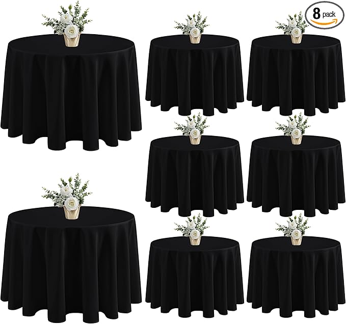 Fitable 8 Pack Black Table Cloths 120 Inch Round - Stain Resistant and Washable Tableclothes, Polyester Fabric Table Covers for Wedding, Party, Banquet, Formal Events