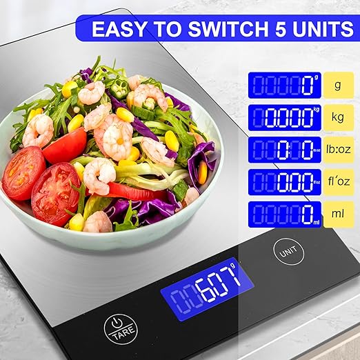 Rechargeable Food Scale, 22lb Digital Kitchen Scale for Food in Gram and Ounce, 0.1oz/1g Precise, 304 Stainless Steel, Perfect for Meal Prep, Cooking, and Baking, Batteries and Charging Cable