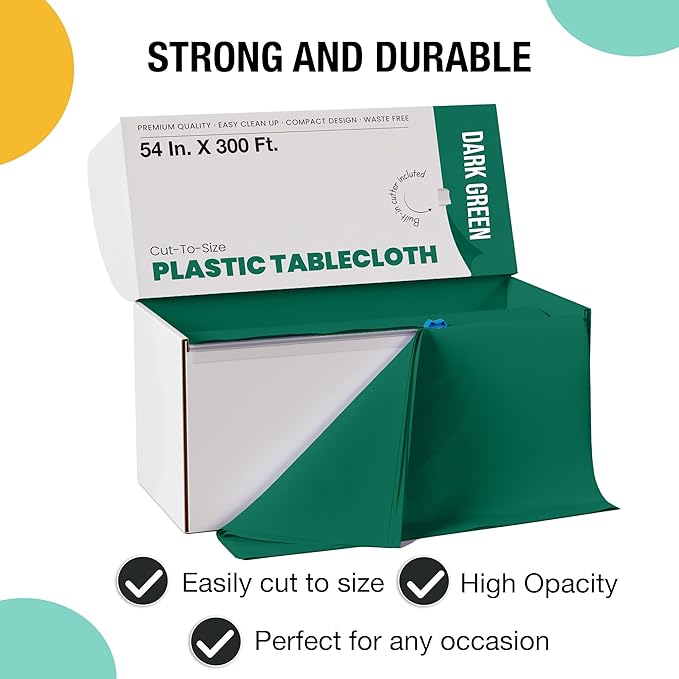 Exquisite Party Solids 54 Inch X 300 Feet Dark Green Plastic Table Cover Roll in A Cut - to - Size Box with Convenient Slide Cutter. Cuts Up to 36 Rectangle 8 Feet Plastic Disposable Tablecloths