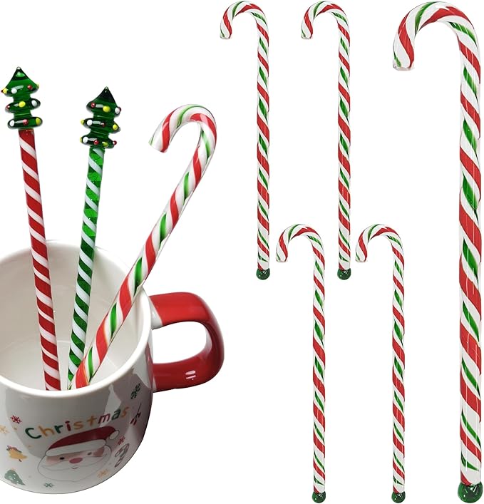 Christmas Candy Cane Glass Stir Sticks - 7.1" Cute Swizzle Stick for Coffee & Cocktails - Festive Red, Green& White Striped Design - Holiday Party Drink Mixers Essentials (5-Pack)