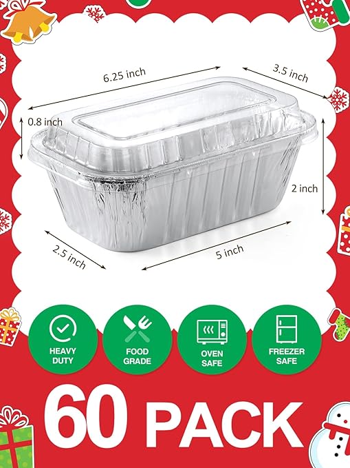 60 Pack 6x3.5x2 Disposable Aluminum Loaf Pans with Lids Small-Aluminum-Foil-Pans-Tin-Foil-Baking-Pans-Tin-Trays-Food-Containers-for-Baking-Cakes-Bread-Meat-Loaves