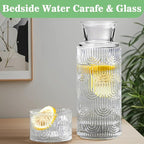 Bedside Water Carafe and Glass Set, 21.6oz Water Carafe with 6oz Glass Cup with Lid, Clear