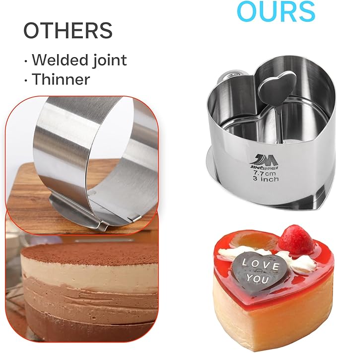 6 Pack Heart-Shaped Cake Ring Molds, Seamless Stainless Steel Cake Cutter with Pusher & Lifter, 3-Inch Dessert Mousse Rings for Baking (Includes 1 Pusher, 1 Lifter and 6 Rings)