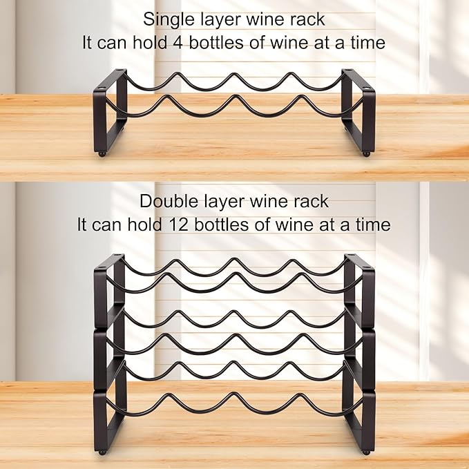 Stackable Wine Rack Countertop, 12 Bottles 3 Tier Wine Cabinet Counter, Wine Rack Holder and Storage, Metal Wine Bottle Holder Freestanding for Cabinet