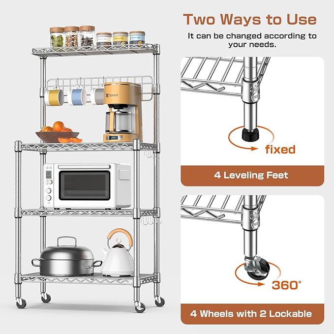 Leteuke Bakers Rack for Kitchen with Storage, NSF Certified 4-Tier Adjustable Coffee Bar with Wheels 10 S-Hooks Microwave Stand Kitchen Storage Shelf Metal Storage Rack 30 x 14 x 59 Inches, Chrome