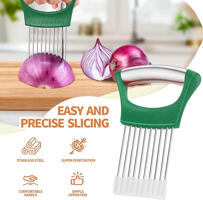 2PCs Stainless Steel Onion Slicer Holder, Onion Cutter Holder for Slicing of Onions,Tomatoes,Avocados,Eggs and Other Vegetables,KItchen Utensils (Green & Black)