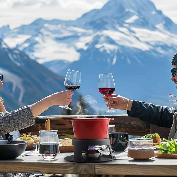 Artestia Cast Iron Cheese Fondue Pot for Chocolate Fondue Pot Swiss Fondue Set for Camping Outdoor with 6 Fondues Forks, 11-Piece Cheese Fondue Sets Serve 6 Persons (Red)