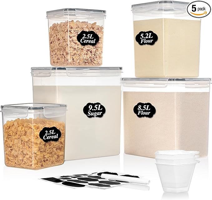 Vtopmart 5 Pack Large Flour and Sugar Storage Containers Set, Airtight Kitchen Pantry Organizers and Storage with Lids for Bulk food, Baking Supplies, BPA Free, Black