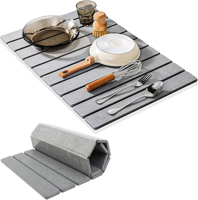 JINGYAN Large Stone Dish Drying Mat for Kitchen Counter, Foldable Diatomaceous Earth Absorbent Mat, Quick Dry Collapsible Drying Pad for Dishes & Utensils, Kitchen Sink Mat, 24x16 Inch- Gray