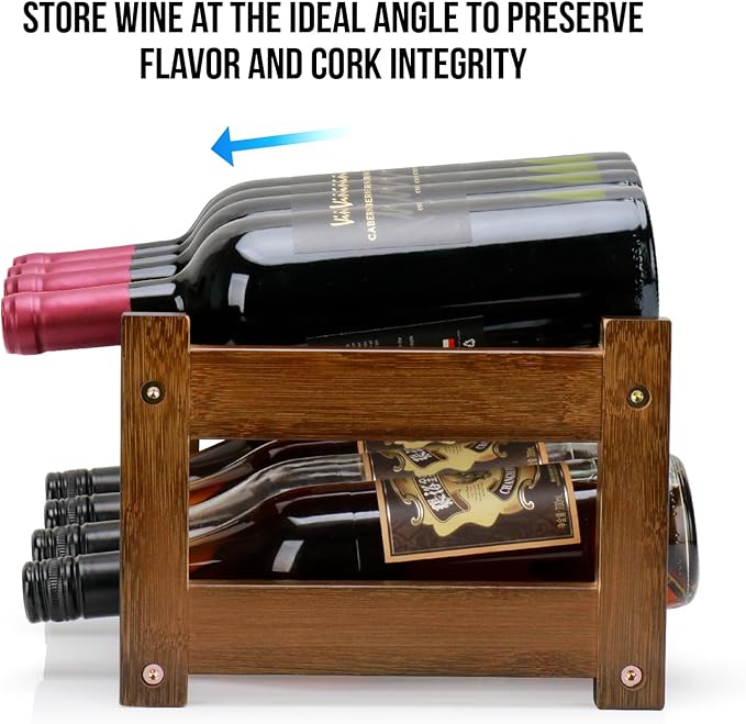 Bamboo Wine Rack, 2-Tier 8 Bottles Wine Storage Cabinet Shelf, Easy-Assembly Freestanding Bamboo Wine Racks Countertop for Kitchen Pantry Dining Room Bar, Walnut