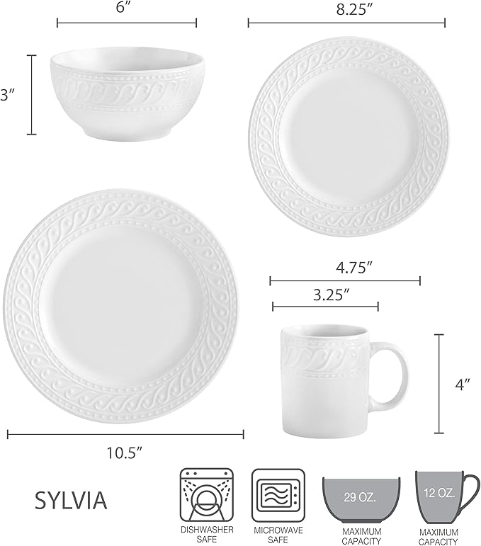 Pfaltzgraff Sylvia 32-Piece White Dinnerware Set, Service for 8, Durable Stoneware Plates, Bowls, and Mugs, Microwave and Dishwasher Safe