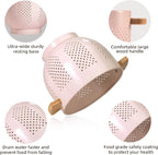 Metal Colander with Wood Handle and Stable Base, Powder Coated Steel Kitchen Strainer Basket for Draining Pasta, Vegetable and fruit(5.5quart,Pink)