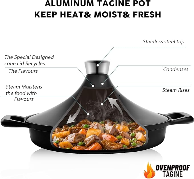 Non-Stick Frying Pan/Skillet 11", 3QT Tagine Pan,Cast Aluminum Pans with Lid, Stove/Oven-to-Table Cookware, Dishwasher Safe& Compatible with All Stovetops（Black）