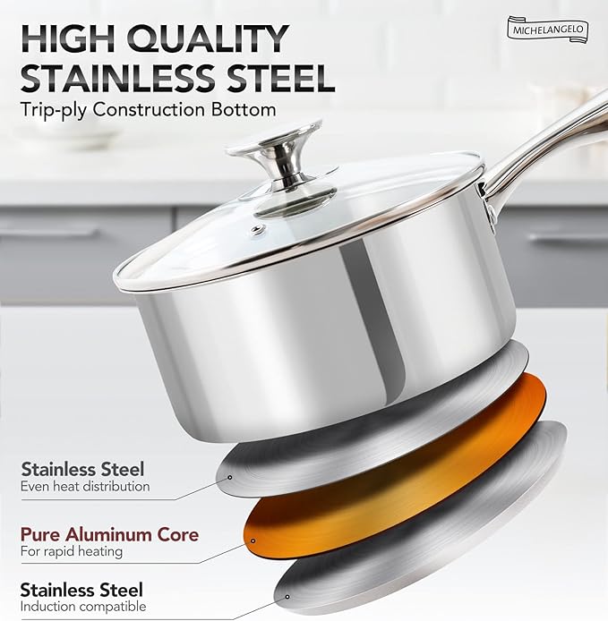 MICHELANGELO 3 Quart Saucepan with Lid, Thick Bottom Sauce Pan Stainless Steel Saucepan with Cover, Nonstick Sauce Pot, Induction Compatible