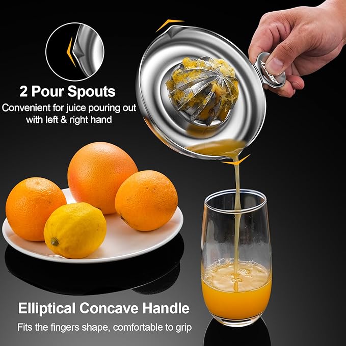 Lemon Squeezer Stainless Steel, Heavy Duty Hand Manual Citrus Juicer, Premium Orange Lime Fruit Squeezer, Robust Reamer Rotation 2 Pour Spout 200ML Container, Dishwasher Safe（5-Year Warranty）