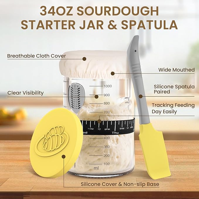 Sourdough Starter Kit with Cotton Rope Banneton Basket & Jar, Bread Baking Supplies and Tools Set, Complete Sourdough Bread Making Kit, Baking Gift for Women Moms & Beginners