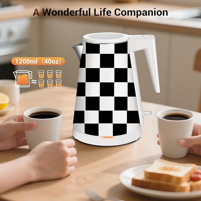 1.2L Double Wall Stainless Steel Interior Water Boiler, Cordless, 1000W Fast Boil with LED Light Coffee Pot & Tea Electric Kettle, Auto Shut-Off and Boil-Dry Protection (Checkerboard)