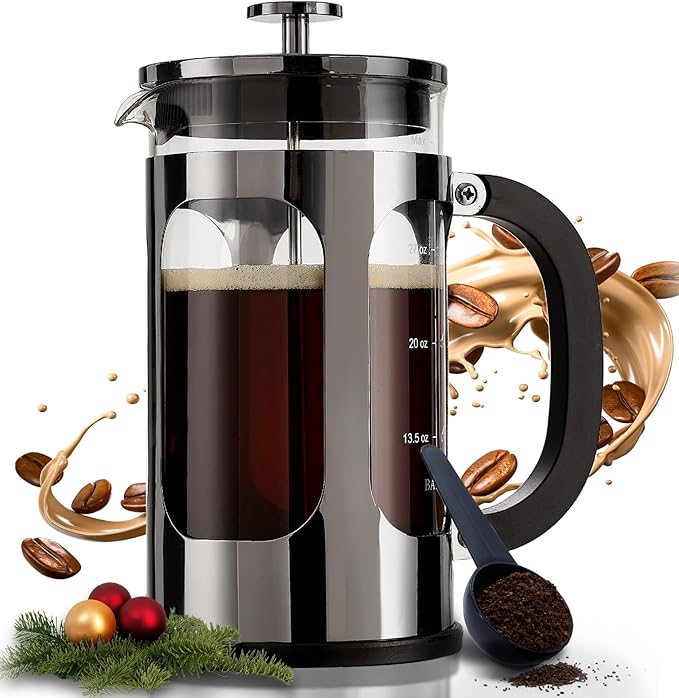 BAYKA French Press Coffee Maker, Large 304 Stainless Steel Coffee Press, Cold Brew Heat Resistant Thickened Borosilicate Coffee Pot for Camping Travel Gifts, 34 Ounce, Dark Pewter