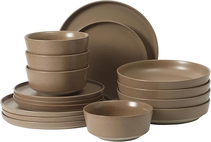 Gibson Elite Overbrook 16-Piece Pottery Clay Stoneware Dinnerware Set – Terraccotta Brown Reactive Glaze, Stackable Plates and Bowls w/Pasta Bowl, Service for 4 – Microwave & Dishwasher Safe