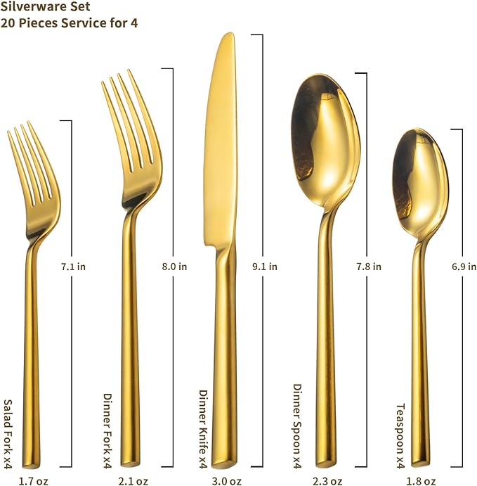 Alata Potter Gold 20-Piece Forged Silverware Set with Utensil-Serving Set, Service for 4, Stainless Steel Flatware Set, Modern Design with Mirror Finish, Ideal for Home, Kitchen, Party, Camping