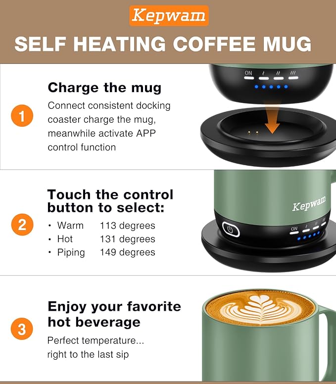 Self Heating Coffee Mug T1-16oz Fast Heating & Ultra Long-Lasting Battery Life, Heated Coffee Mug Up to 149℉ - Touch & App Controlled Coffee Mug, Birthday Gifts for Women and Men