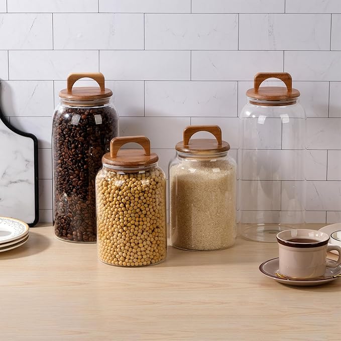 WHJY 1/2 Gallon Glass Jars with Wood Lids Flour Sugar Storage Containers for Kitchen Pantry Large Airtight Clear Canister for Coffee Bean Snacks Dried Goods