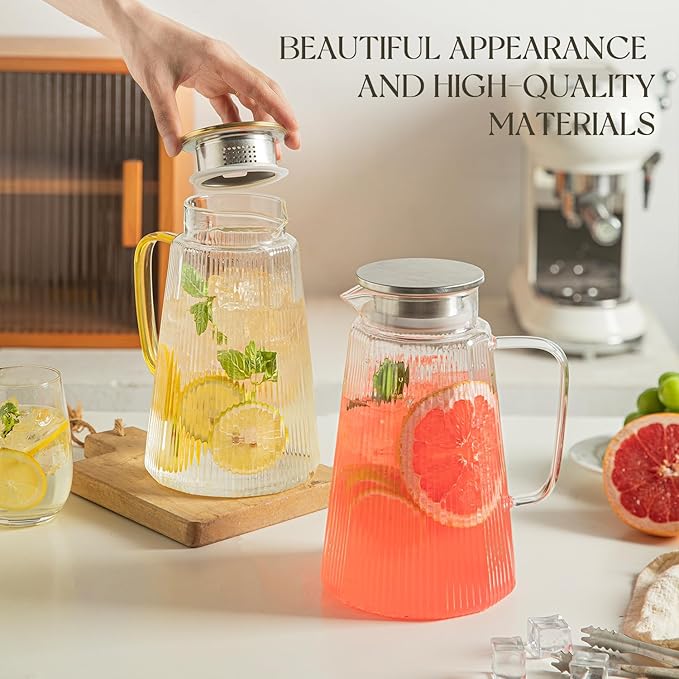 71oz Glass Pitcher with Lid, Ribbed Beverage Carafe for Hot & Cold Drinks, Water Jug with Handle for Juice, Tea, Milk, Iced Coffee – Heat Resistant Glass Serveware (1)